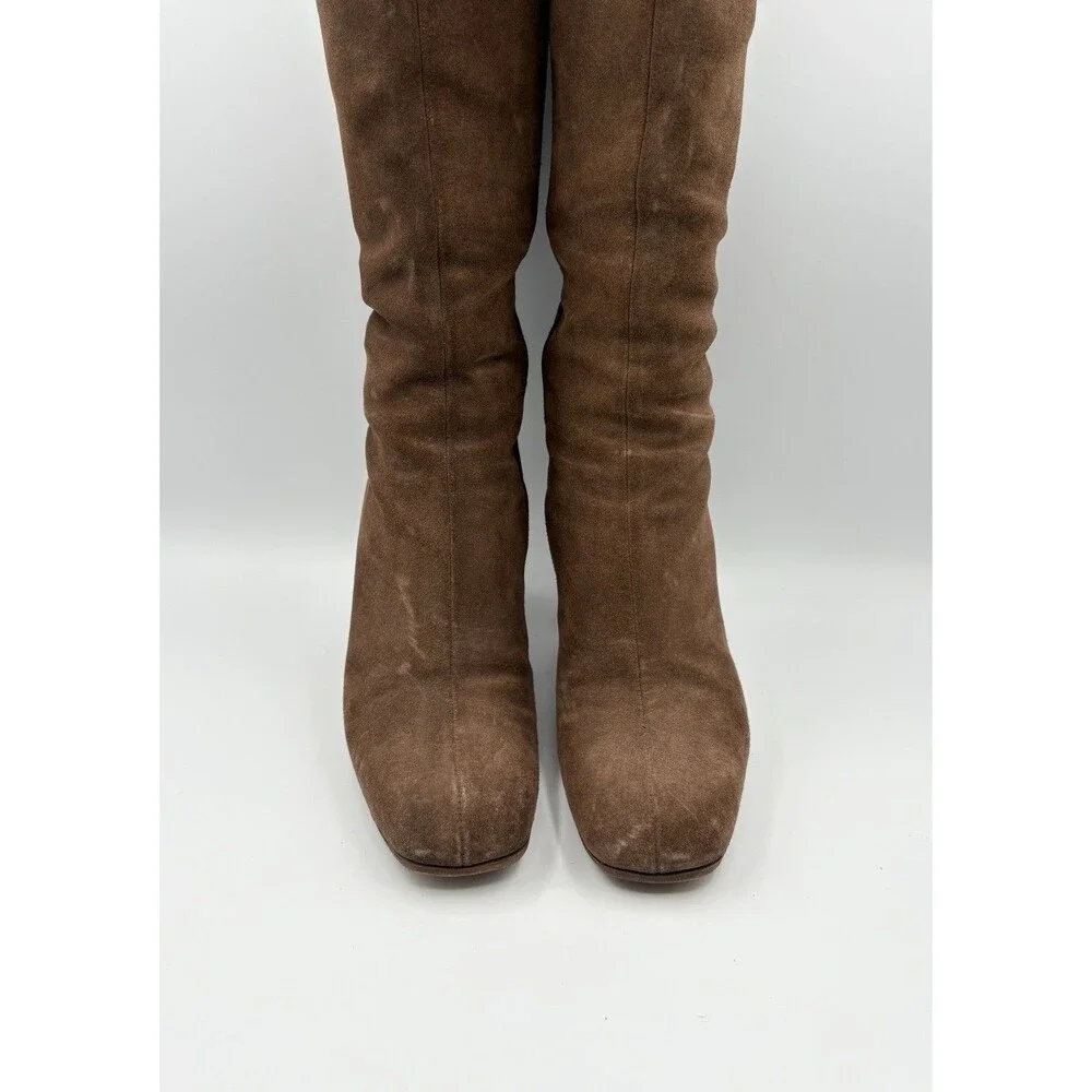 Gucci Brown Suede Knee High Boots GG Logo Accent Silver Horse-bit Size EU 36.5
